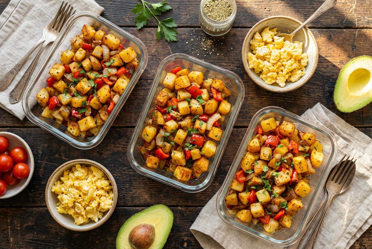 Golden crispy air fryer breakfast potatoes in a bowl with a sprinkle of fresh herbs
