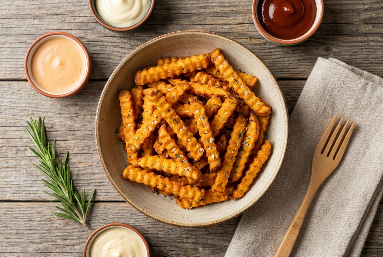 Thin crispy sweet potato chips in a bowl seasoned with sea salt and a hint of cinnamon