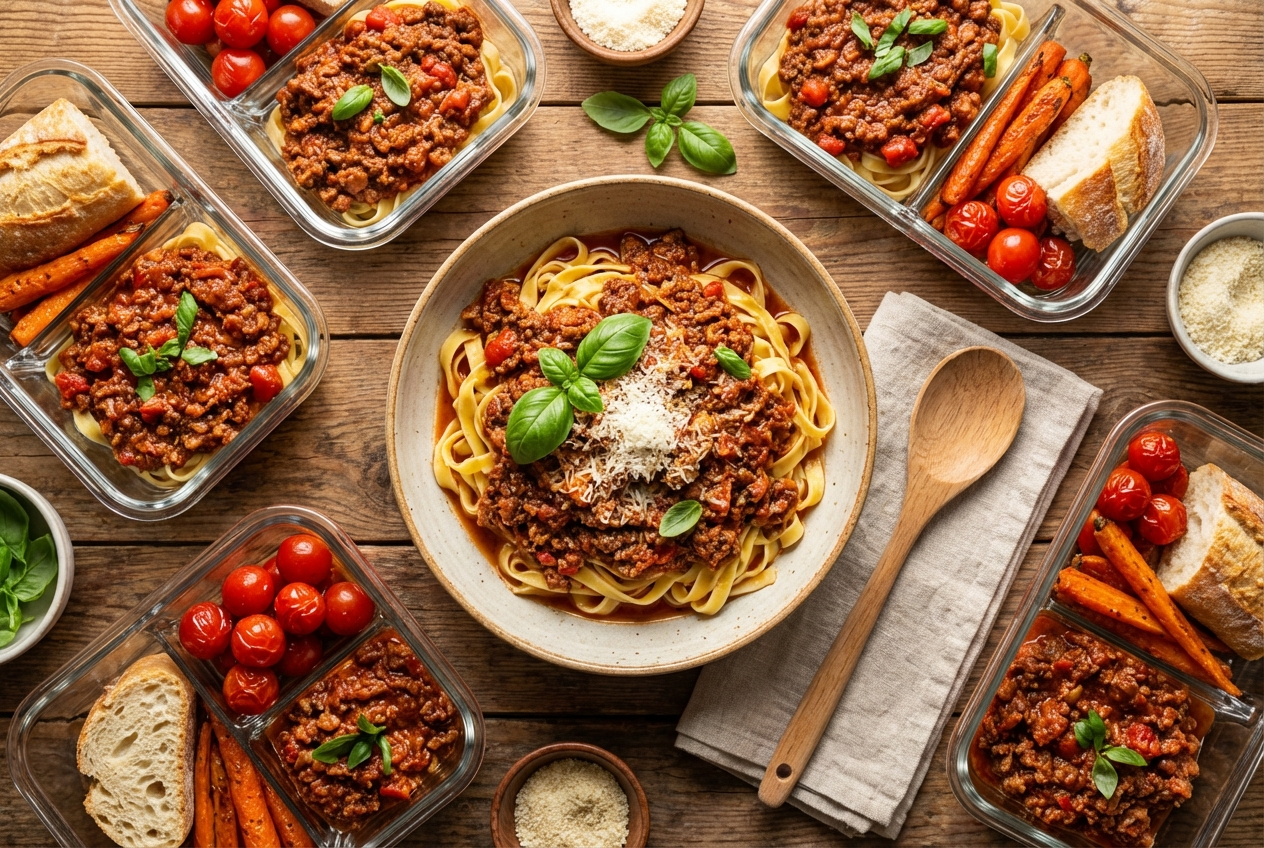 Rich meaty Bolognese sauce ladled over spaghetti noodles with grated Parmesan on top