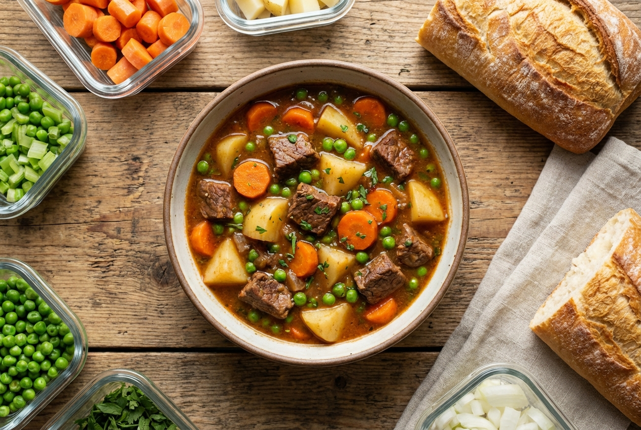Rich beef stew with tender meat, potato chunks, and carrots in thick brown gravy