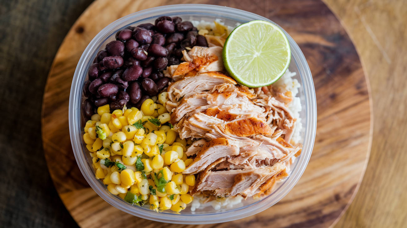 Six meal prep containers with colorful burrito bowls featuring shredded chicken, cilantro lime rice, black beans, corn, and fresh toppings