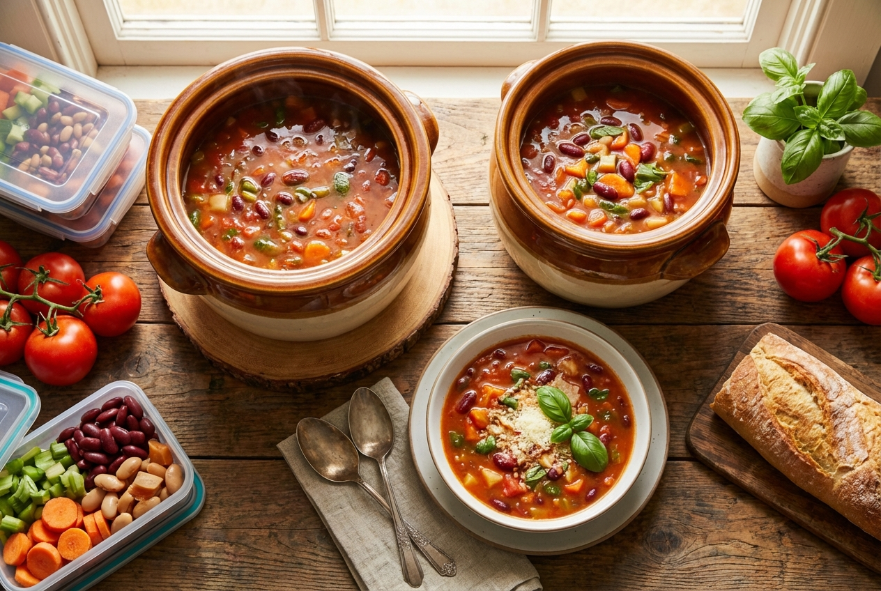 Bowl of hearty minestrone soup with beans, pasta, and vegetables in tomato broth
