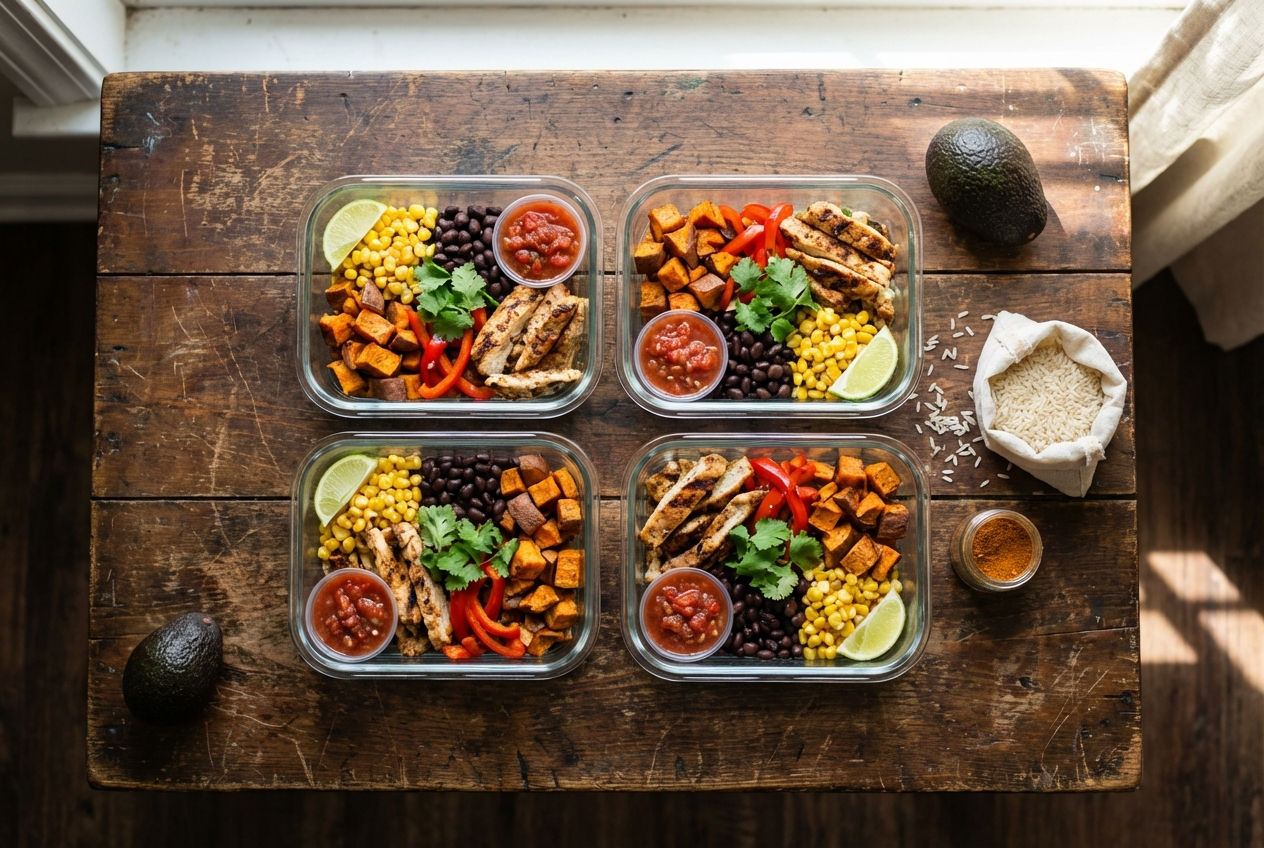 Freezer-ready burrito bowls with diced chicken, rice, black beans, and corn in containers