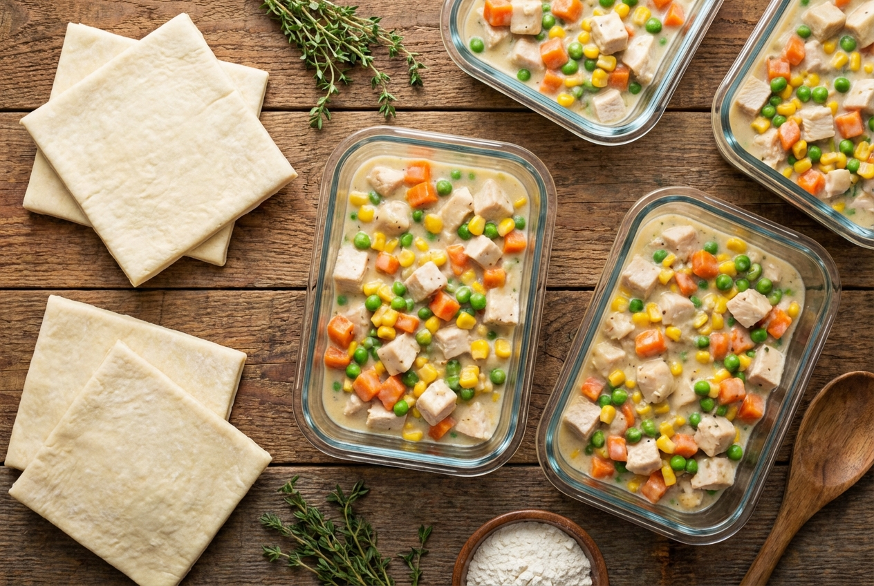 Creamy chicken pot pie filling in a container showing shredded chicken and mixed vegetables