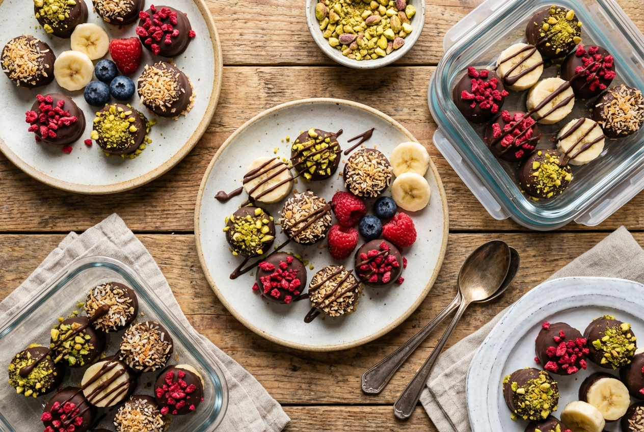 Frozen banana slices dipped in dark chocolate with crushed peanut toppings on parchment paper