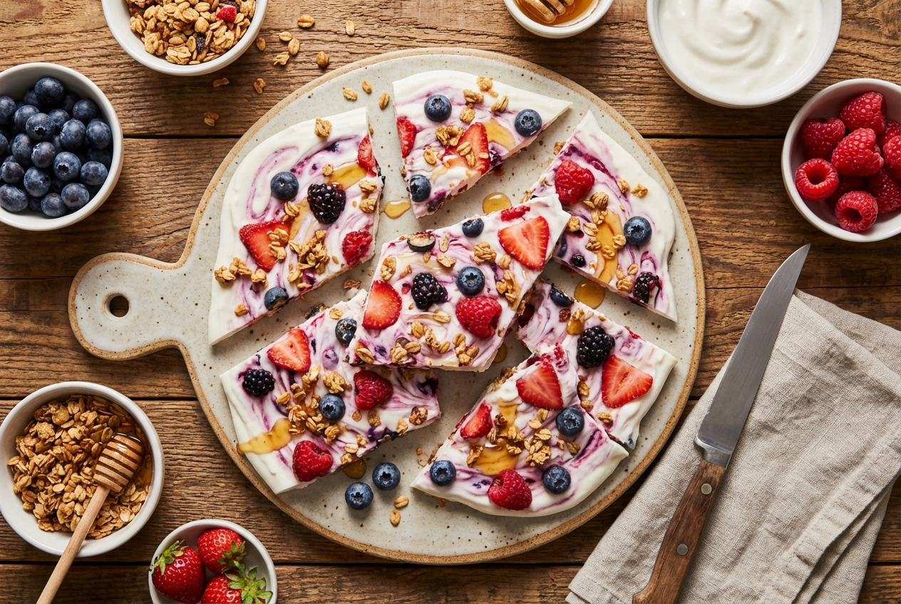 Broken pieces of frozen yogurt bark studded with colorful berries, granola, and chocolate chips