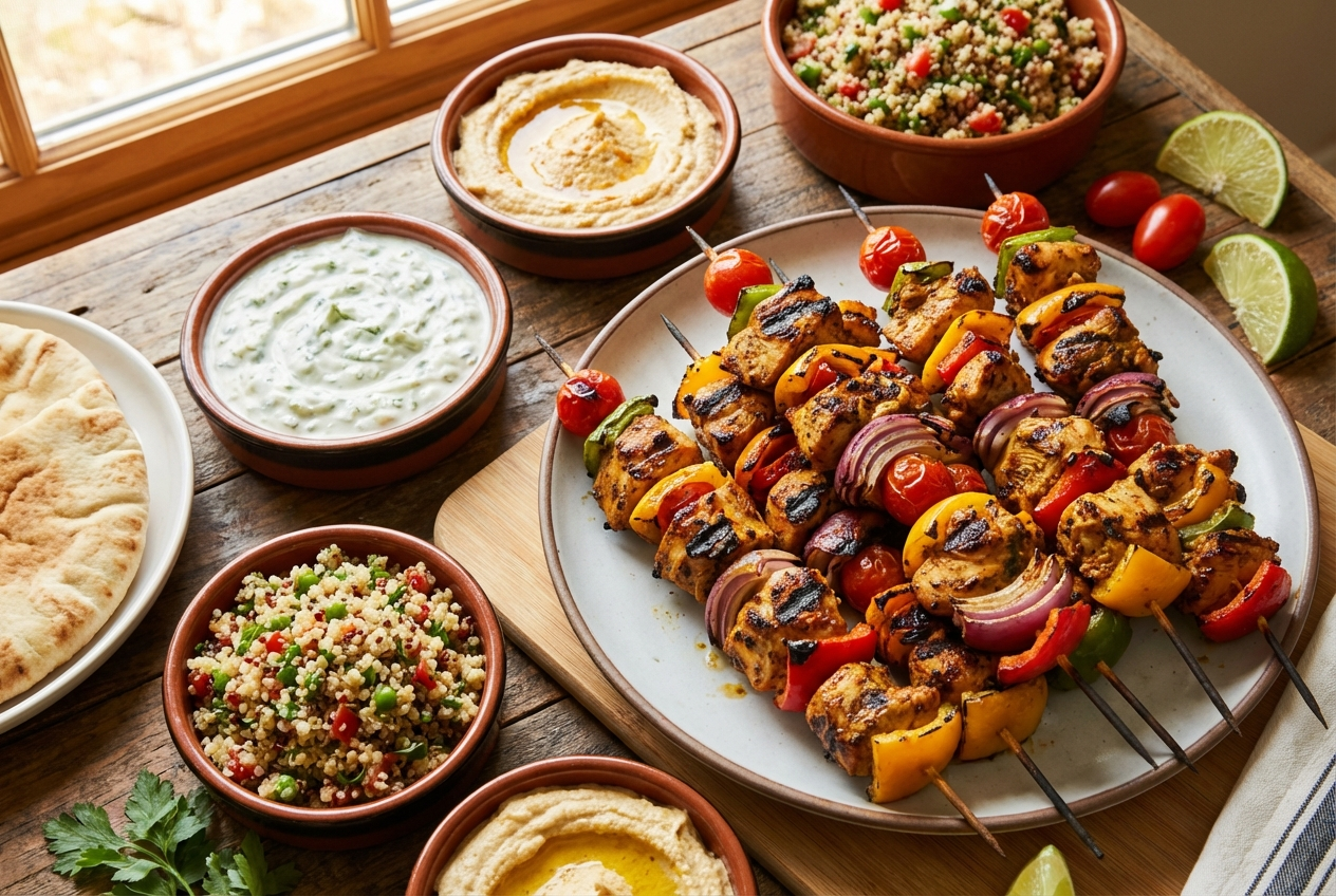 Colorful grilled chicken kabobs with charred peppers, onions, and zucchini on metal skewers