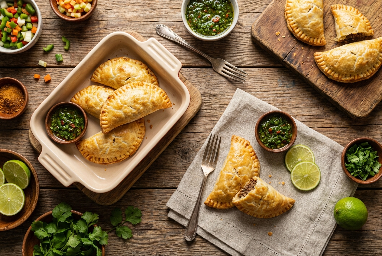 Golden crispy empanadas from the air fryer with one cut open showing beef and cheese filling
