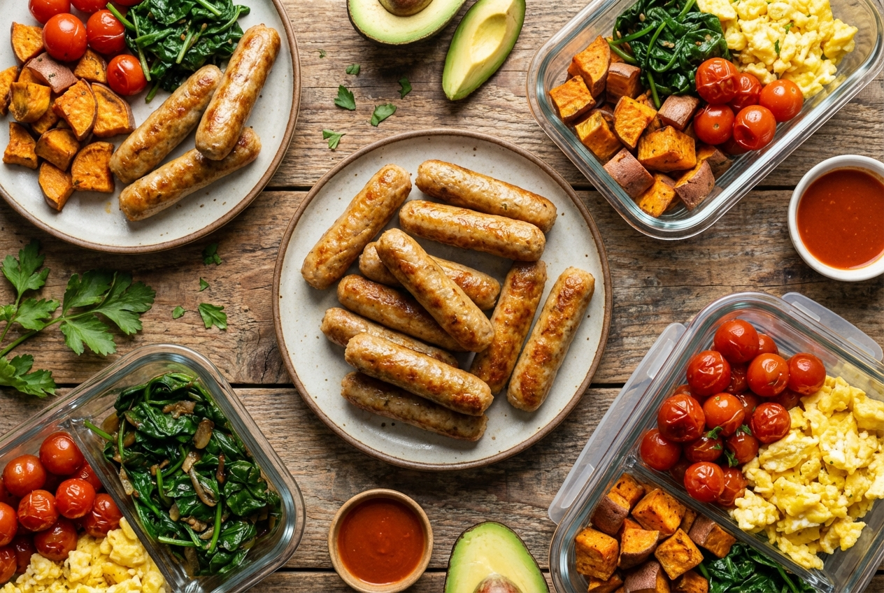 Golden air-fried chicken sausage patties stacked on a plate