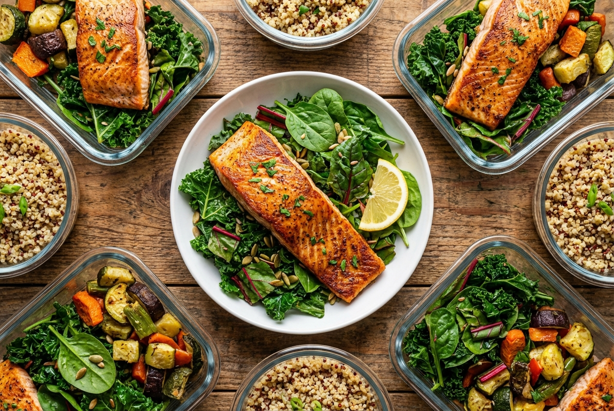 Golden air-fried salmon fillet on a bed of dark leafy power greens with lemon slices