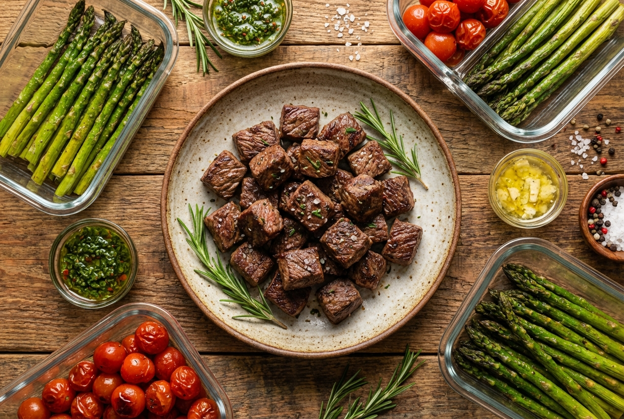Juicy seared steak bites glistening with garlic butter and garnished with fresh parsley