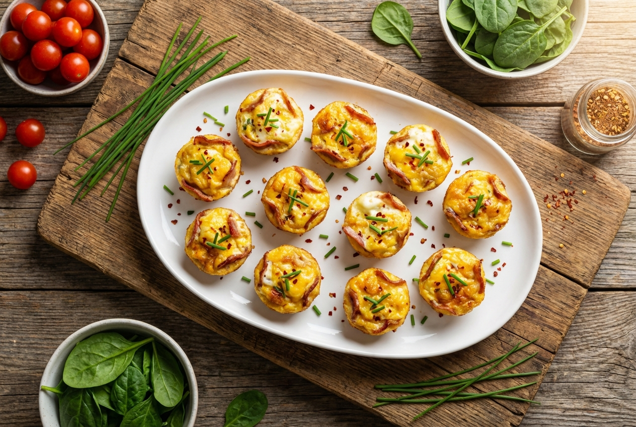 Turkey bacon cups filled with perfectly cooked eggs garnished with fresh chives