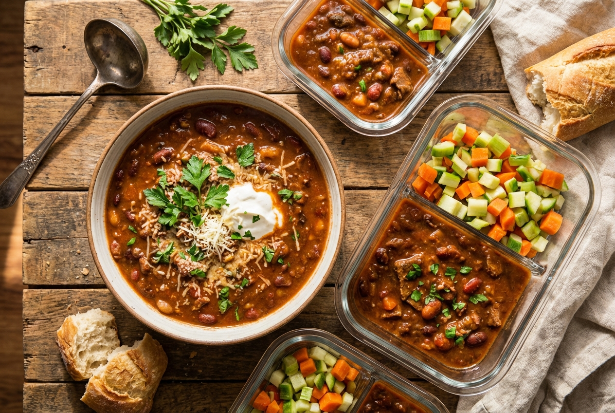 Thick beef and bean soup in a bowl with visible beans and meat in rich broth