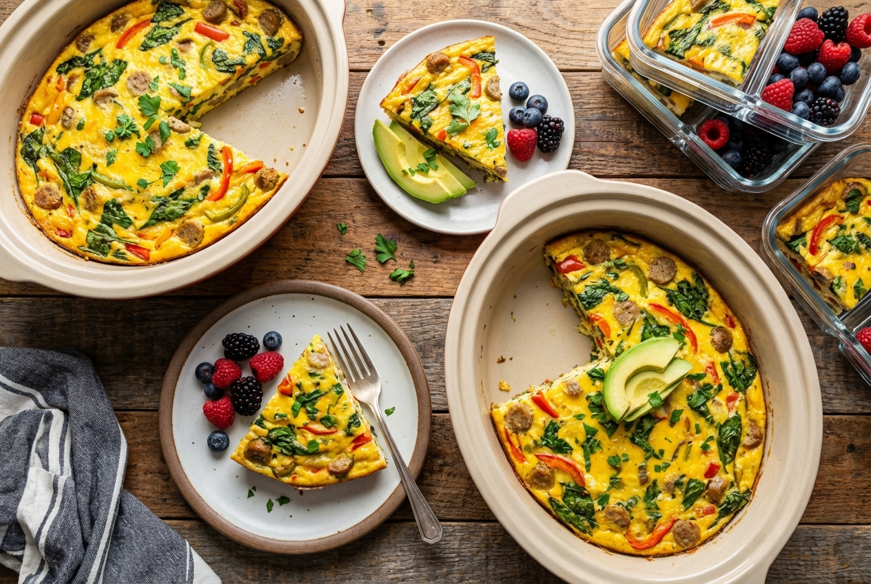 Sliced breakfast casserole in a crockpot showing layers of egg, sausage, and melted cheese