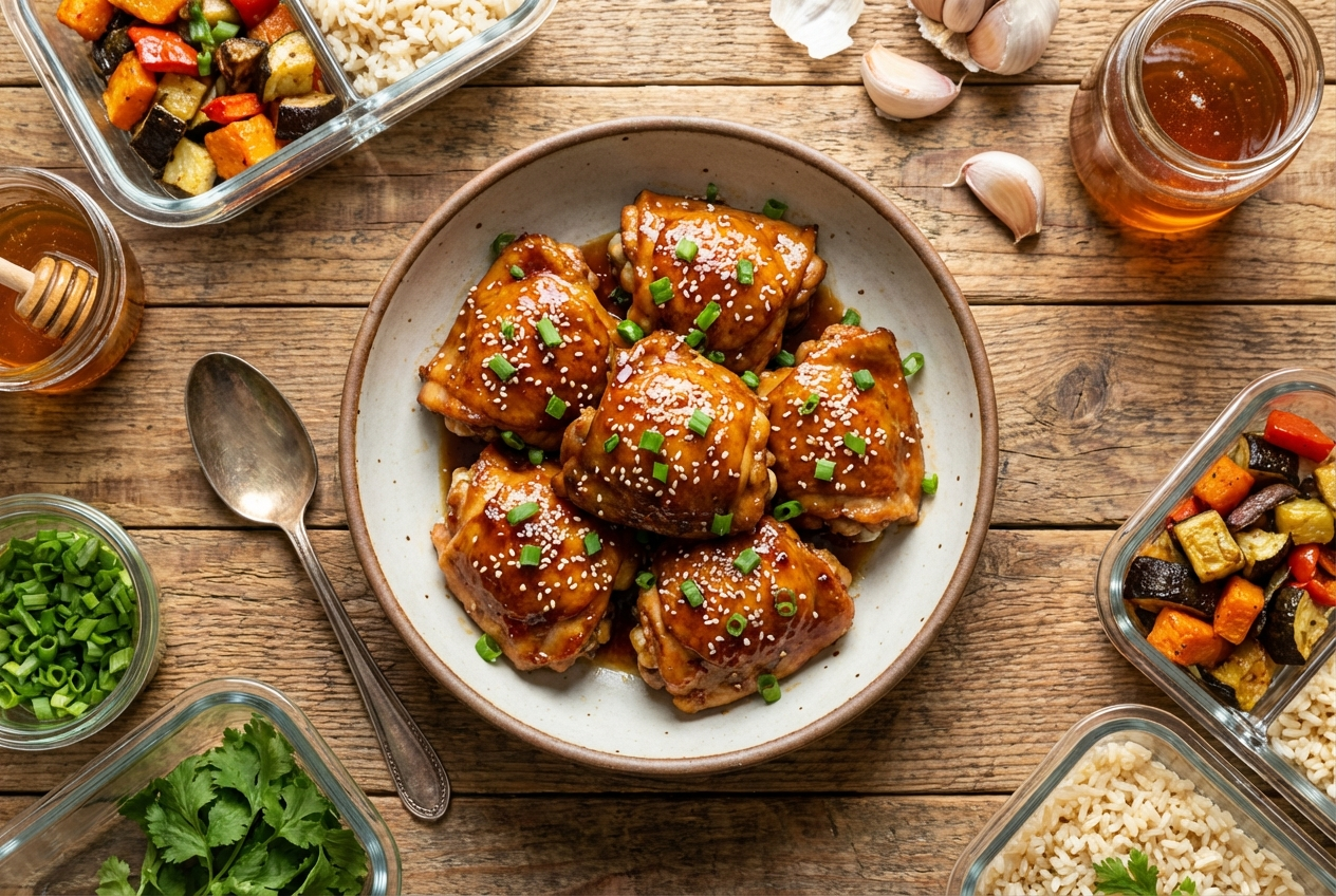 Glossy honey garlic chicken thighs over white rice with sesame seeds and green onion garnish