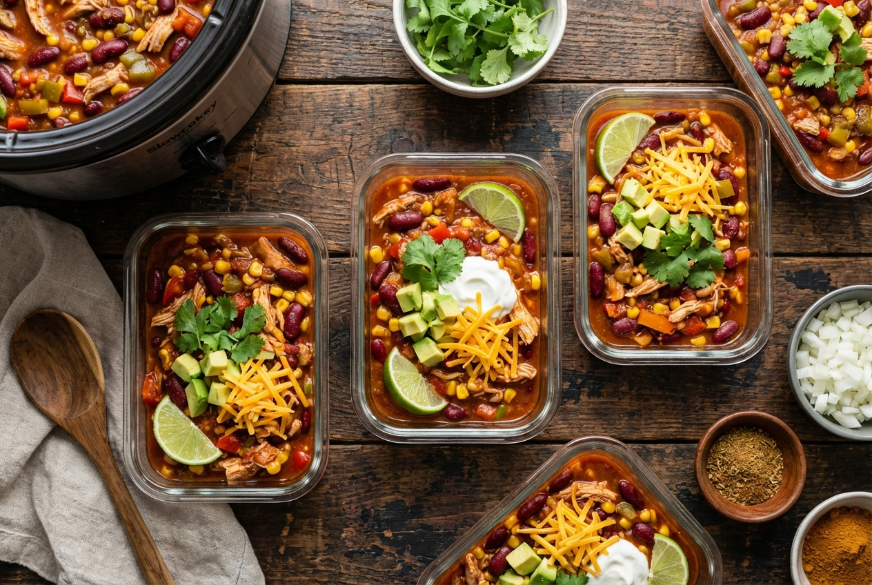 Bowl of thick turkey chili with kidney beans and a dollop of Greek yogurt on top