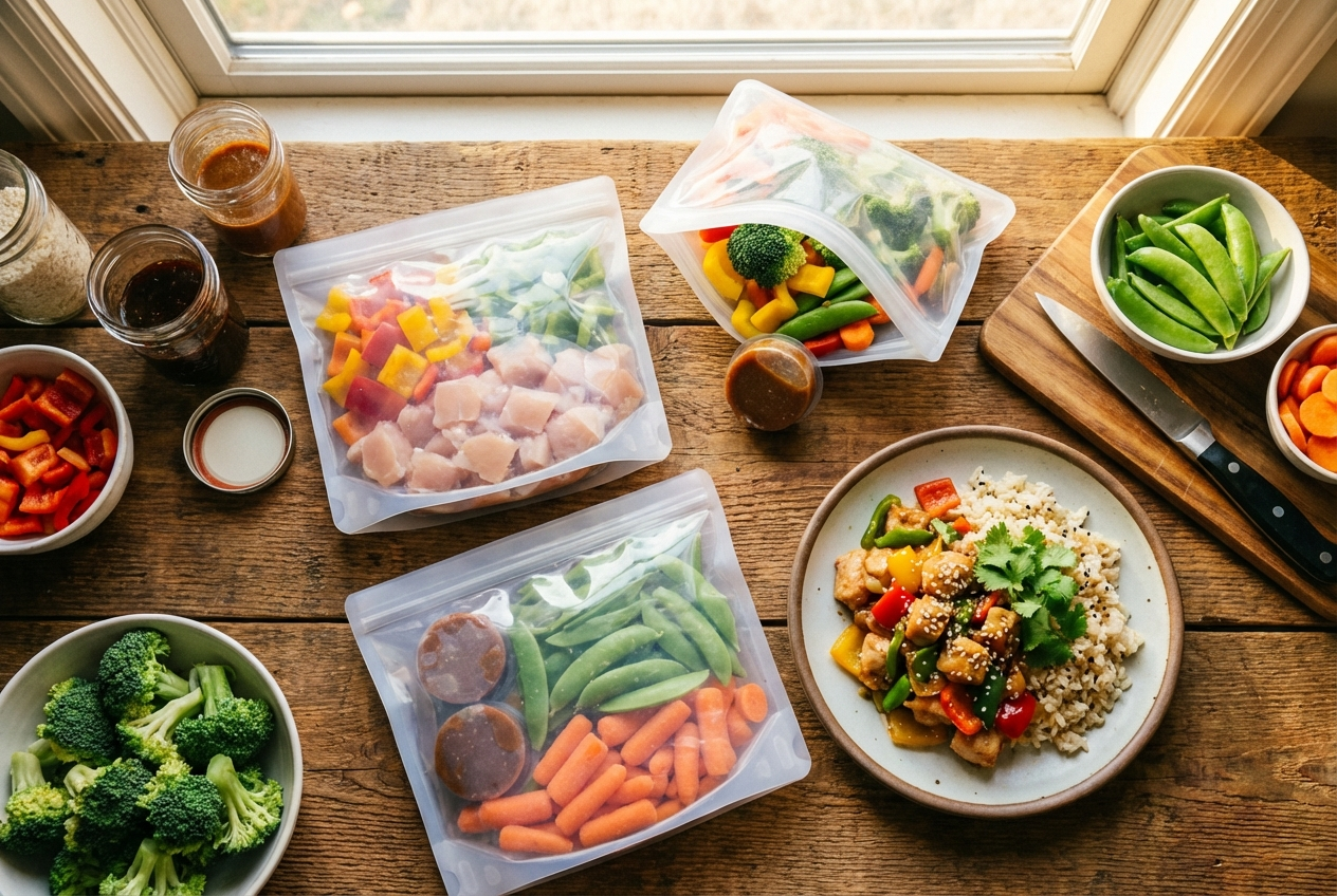 Labeled freezer bags filled with raw chicken, colorful vegetables, and stir fry sauce