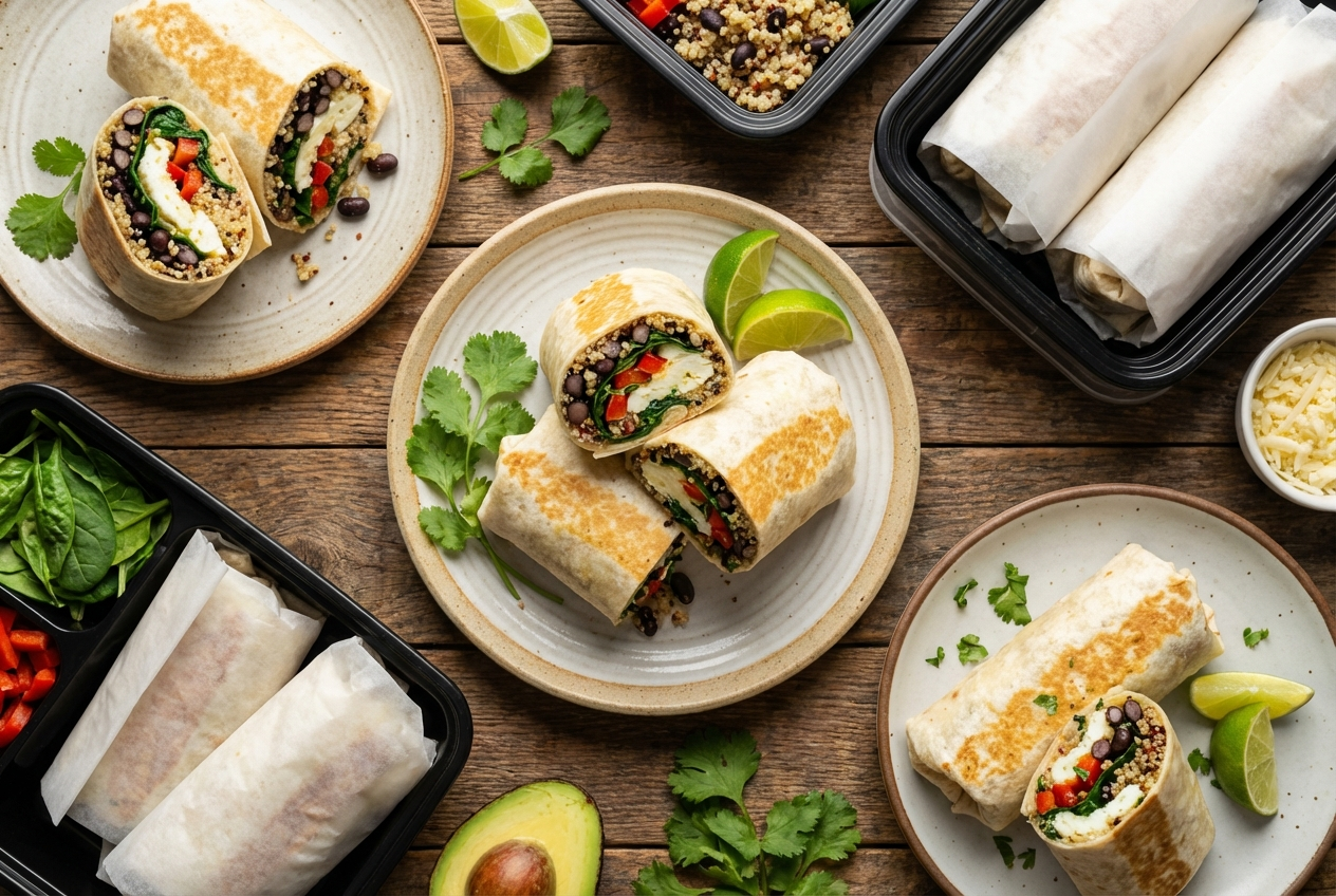 Egg white burritos wrapped in foil, one cut open showing white eggs, turkey, and peppers