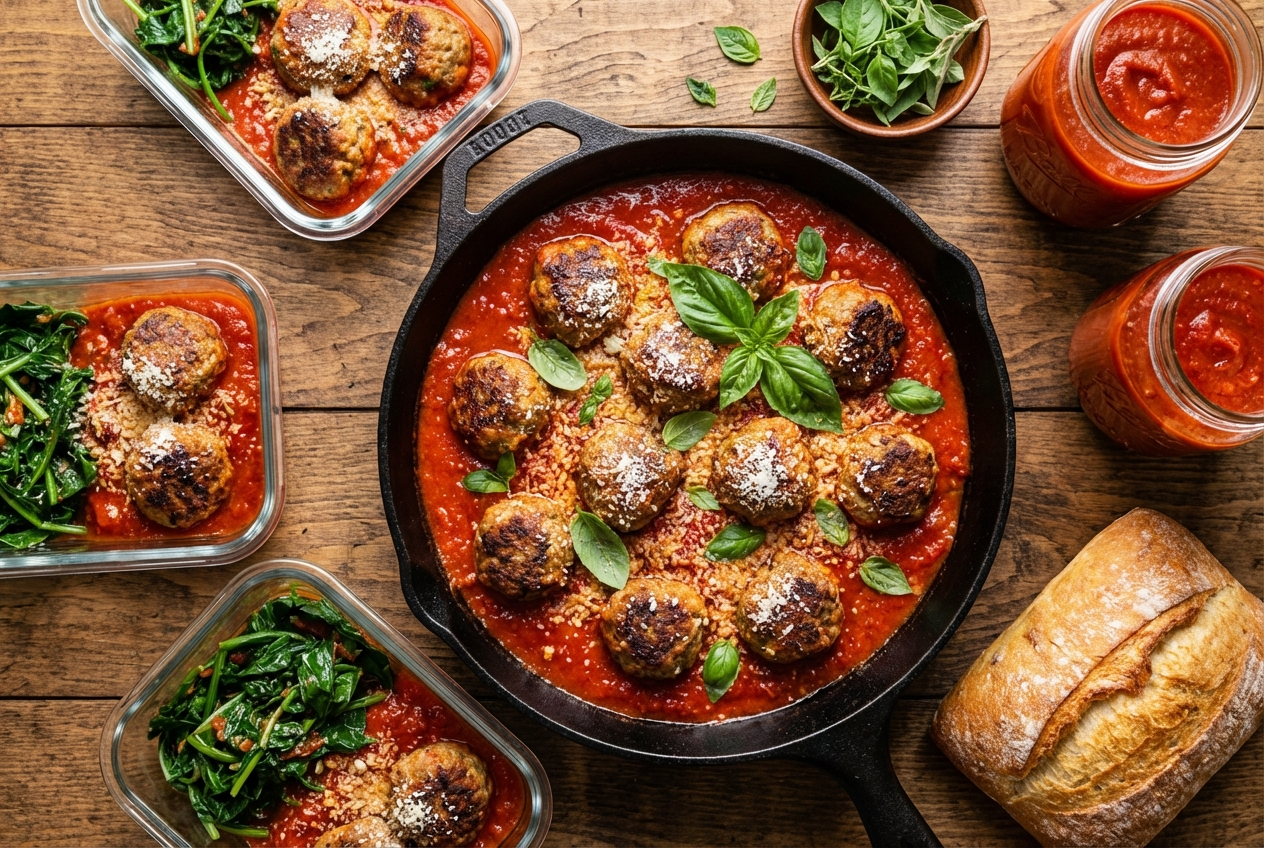 Meatballs in rich marinara sauce in a freezer container ready for storage