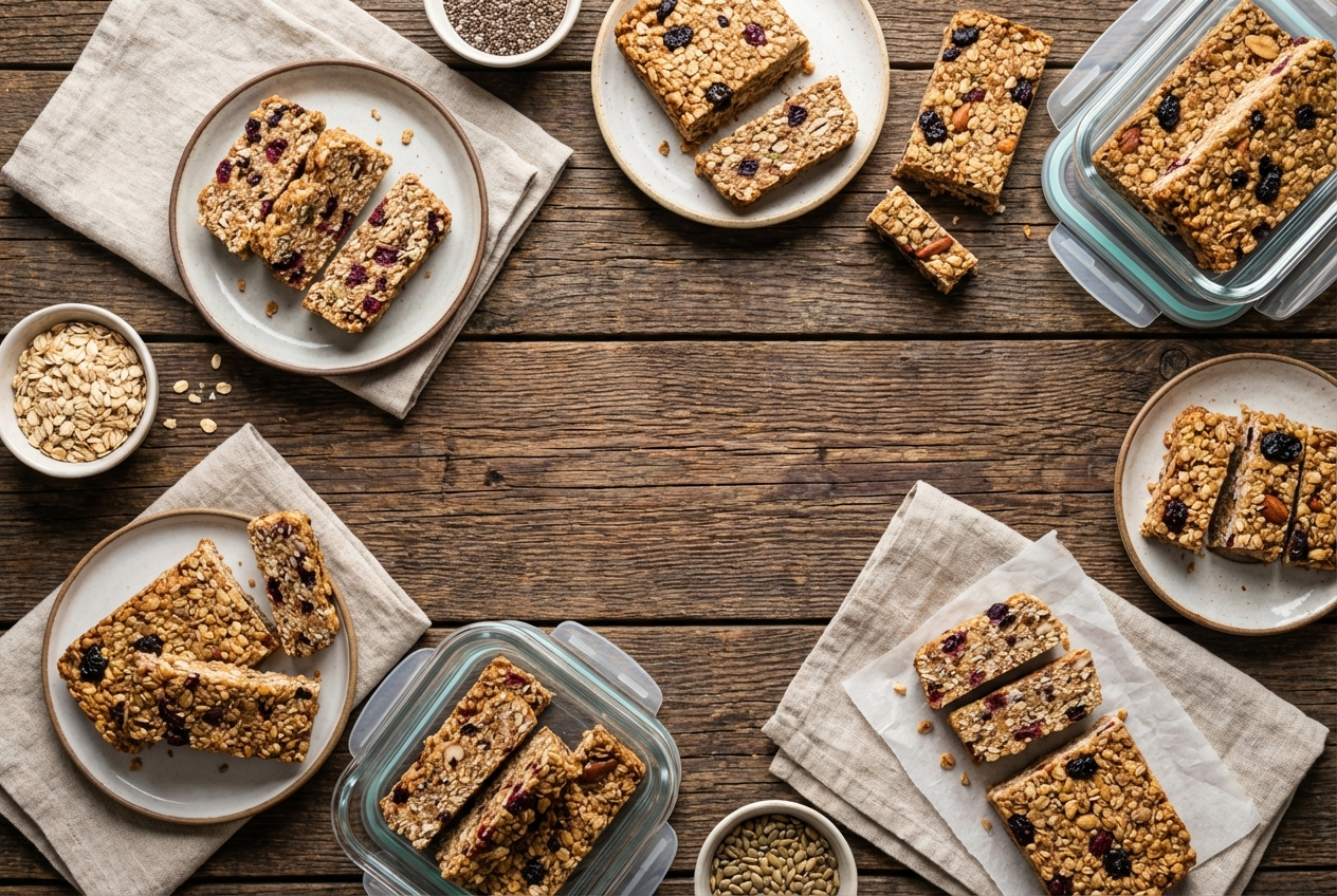 Stack of homemade protein bars with visible oats and chocolate chips, individually wrapped