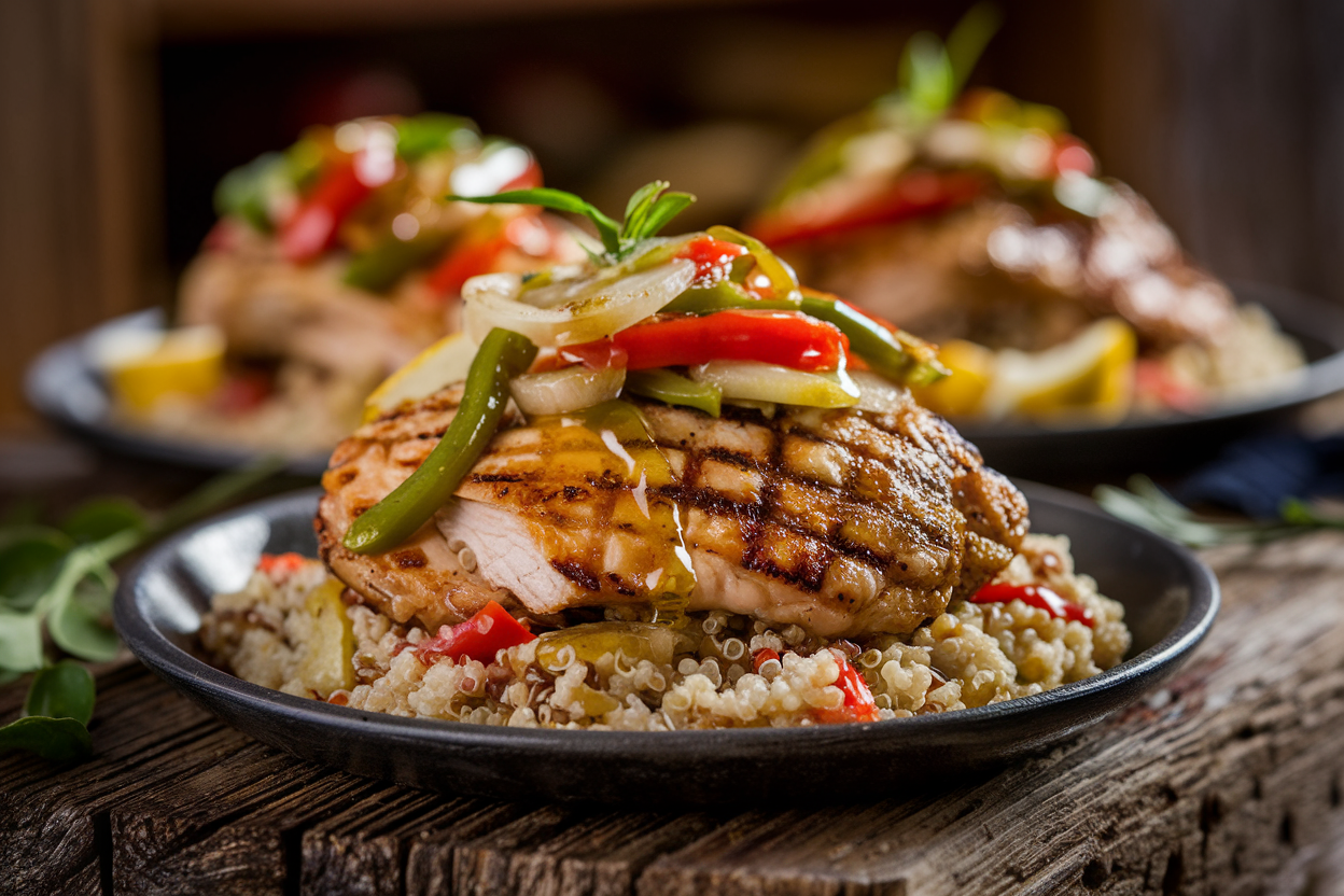 Charred grilled chicken thighs with grill marks sliced on a cutting board