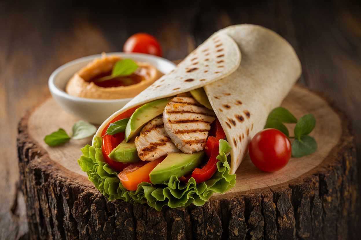 Grilled breakfast wrap cut in half showing sliced chicken, scrambled eggs, and spinach inside