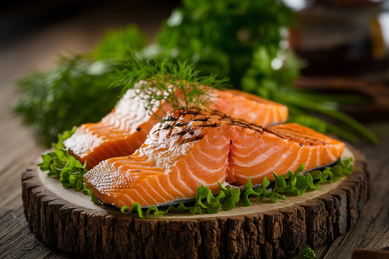 Glazed grilled salmon fillets with char marks and a shiny maple-Dijon coating