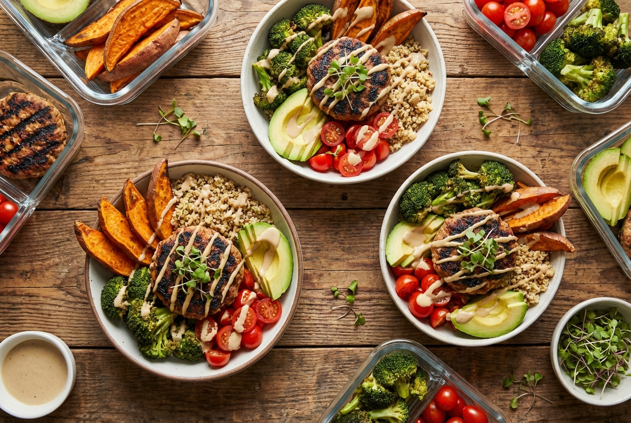 Grilled turkey burger patty sliced on a bed of greens with tomatoes, pickles, and cheese