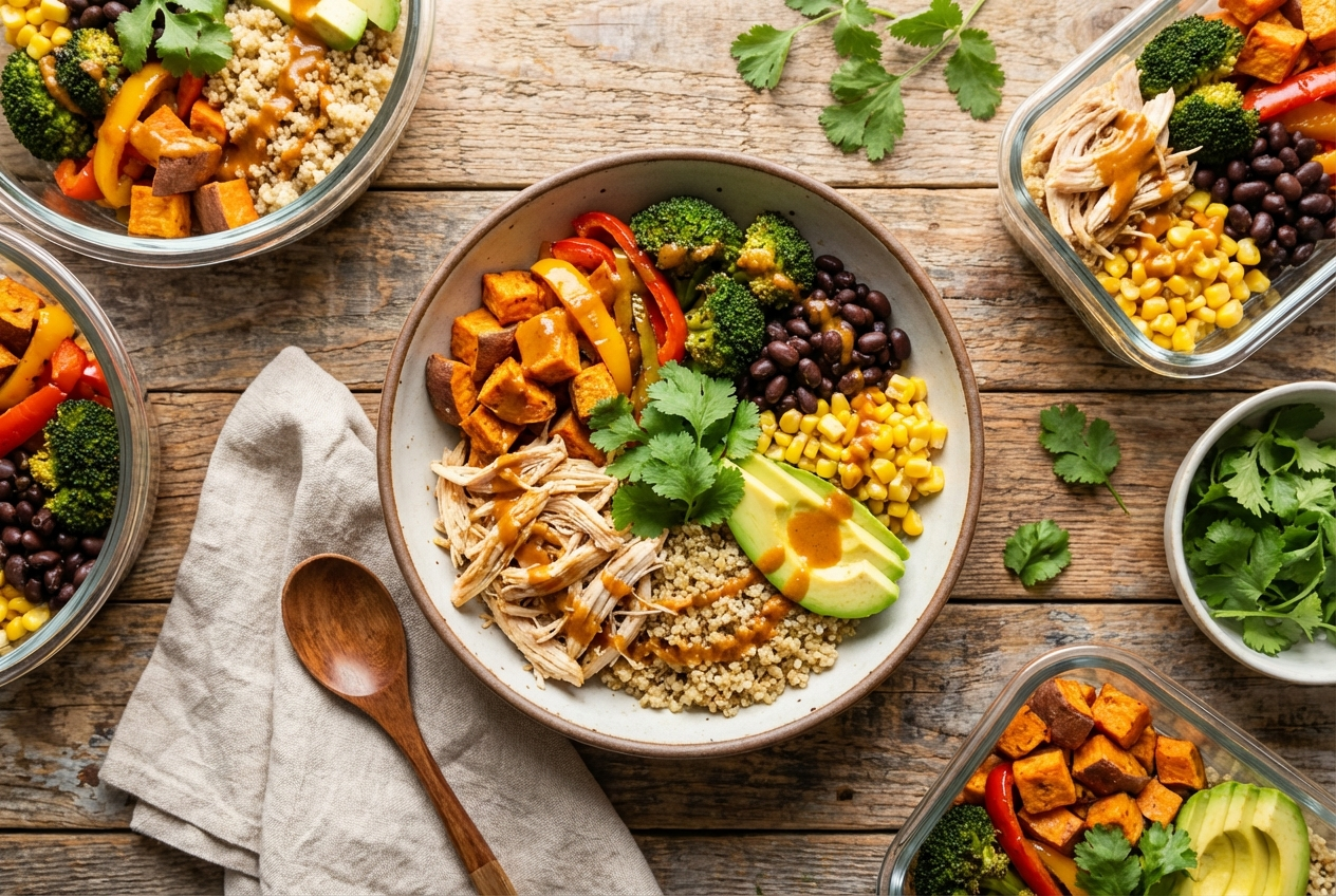 Bowl of chicken pieces over fluffy quinoa topped with cherry tomatoes and cucumber