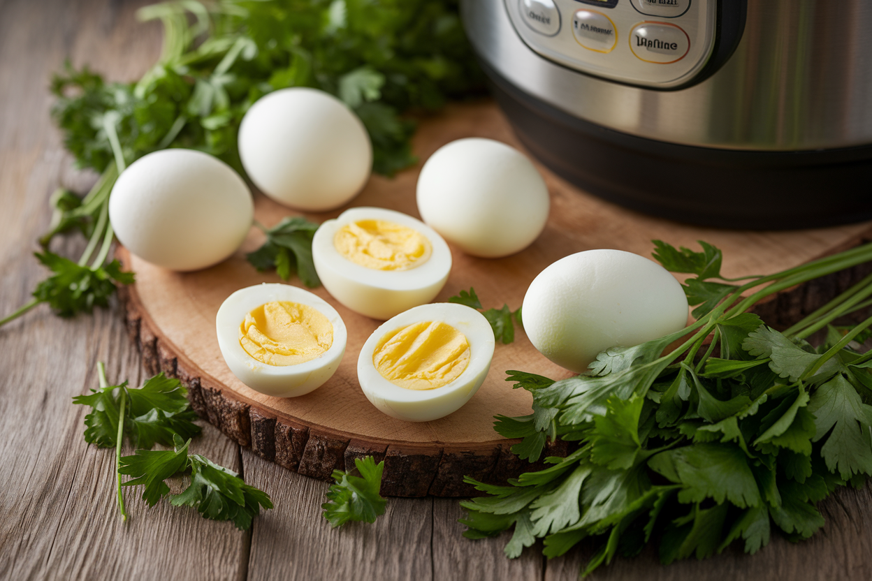 Peeled hard-boiled eggs cut in half showing bright yellow yolks in a bowl