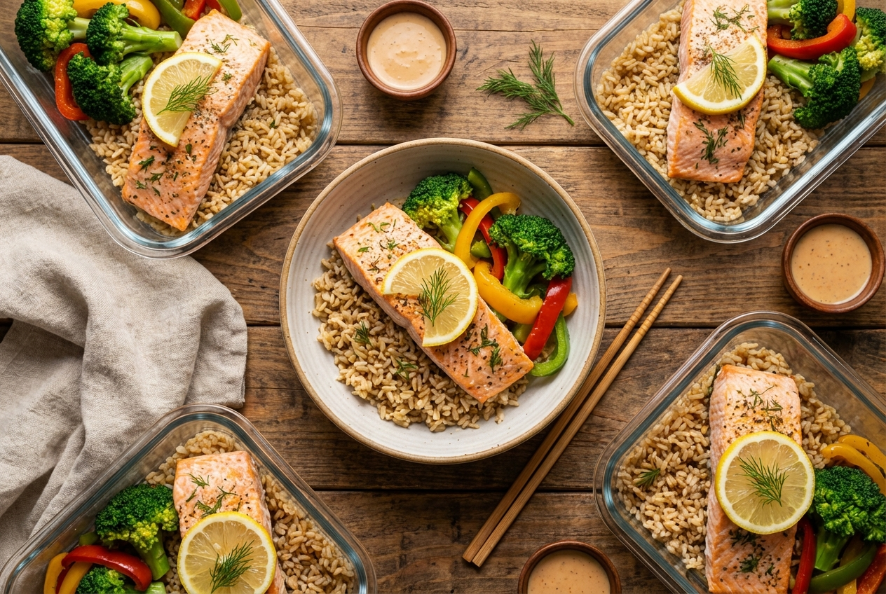 Flaky salmon fillet over fluffy jasmine rice garnished with green onions and lemon