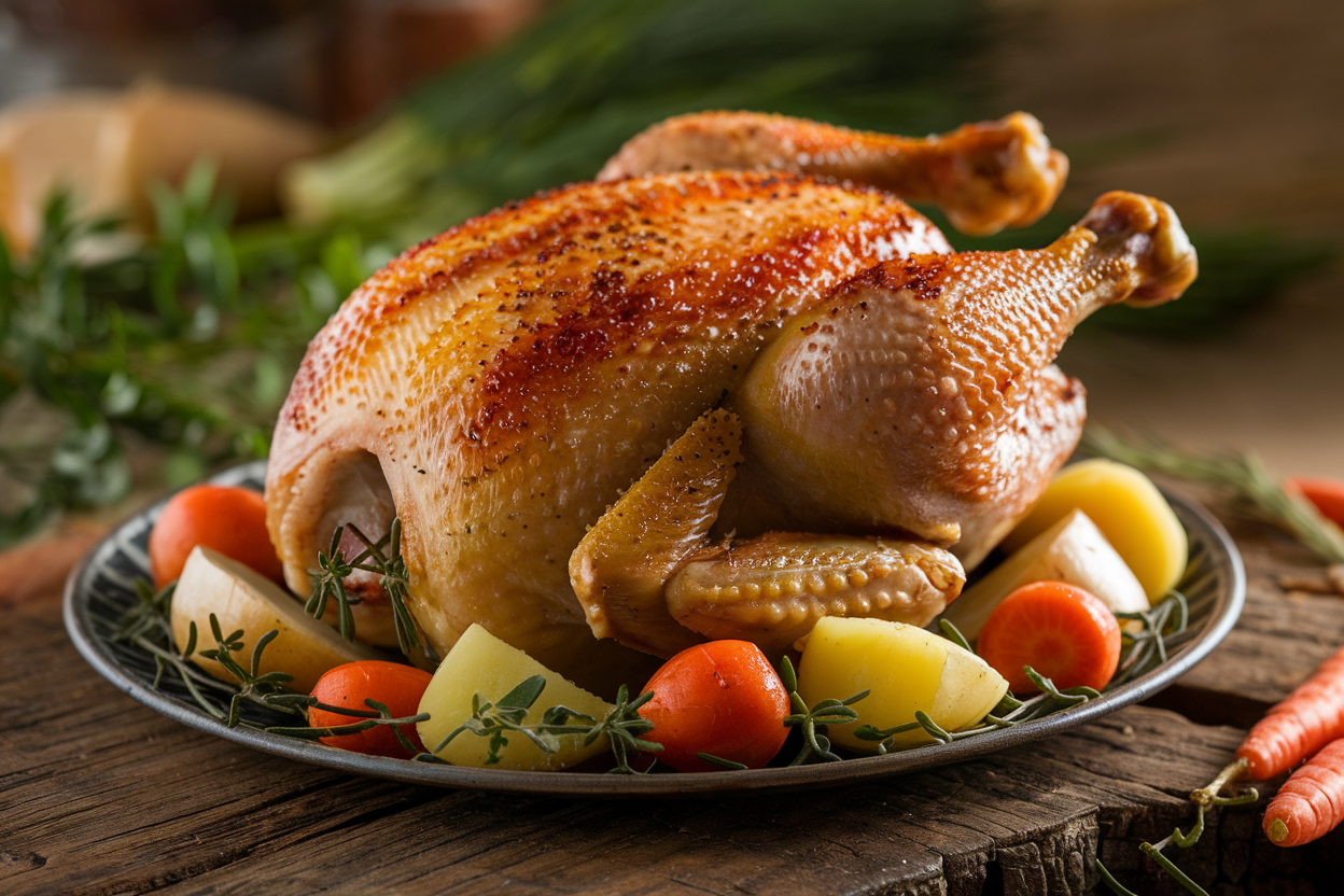 Whole golden rotisserie-style chicken from the Instant Pot on a cutting board ready to carve
