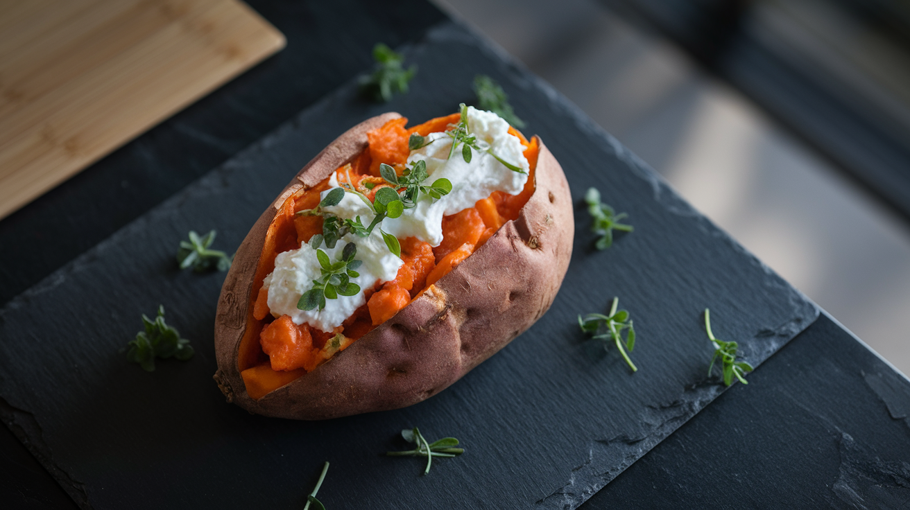 Baked sweet potato split open and loaded with white cottage cheese, shredded chicken, chopped pecans, and a golden honey drizzle