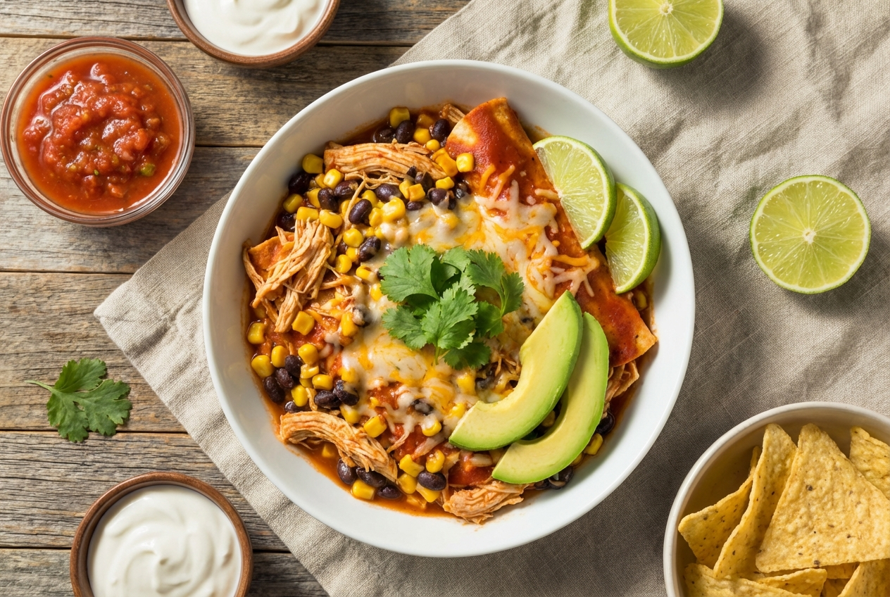 Microwave enchilada bowl with melted cheese, shredded chicken, and fresh avocado on top