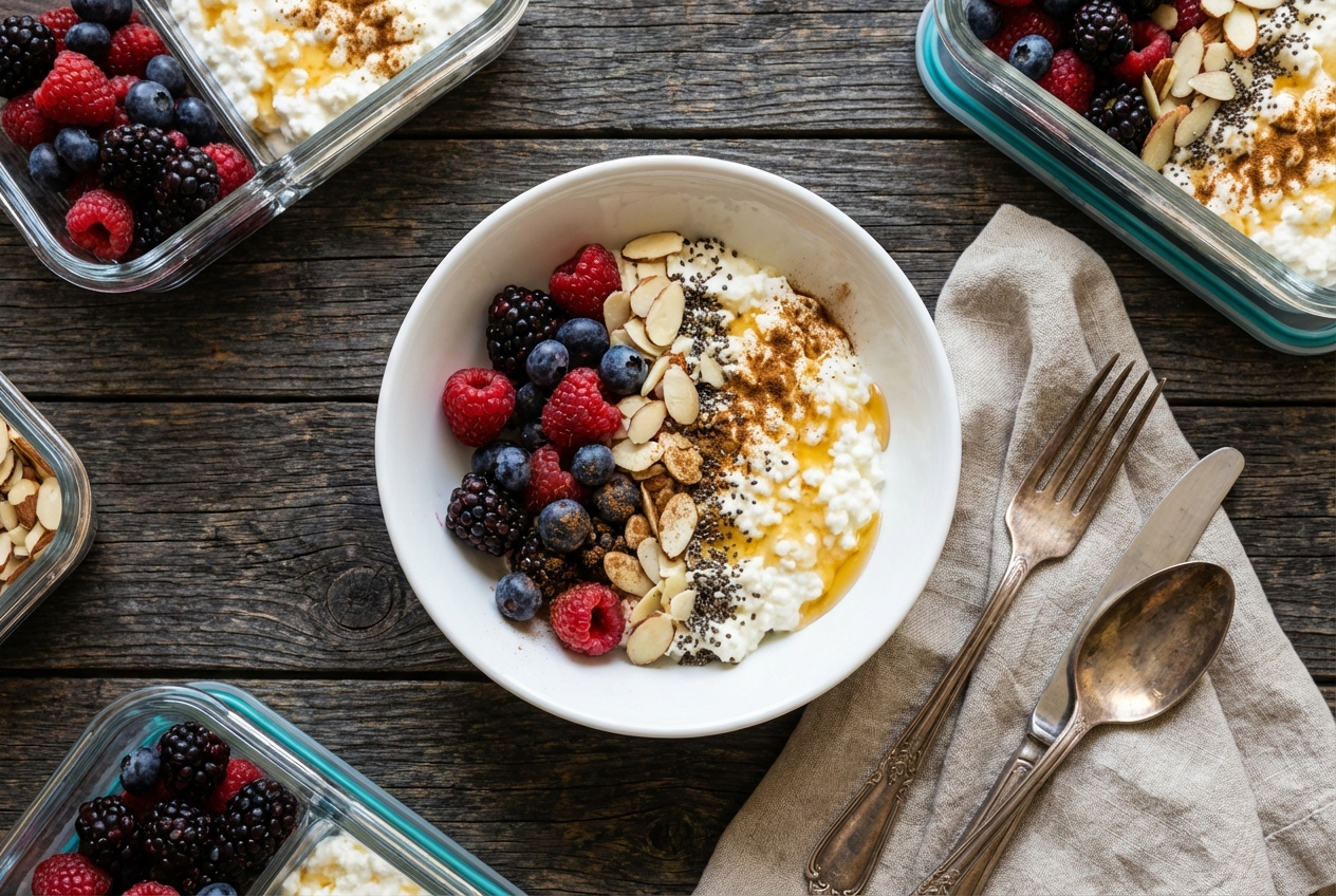Warm cottage cheese bowl with cinnamon swirl, honey drizzle, and fresh blueberries