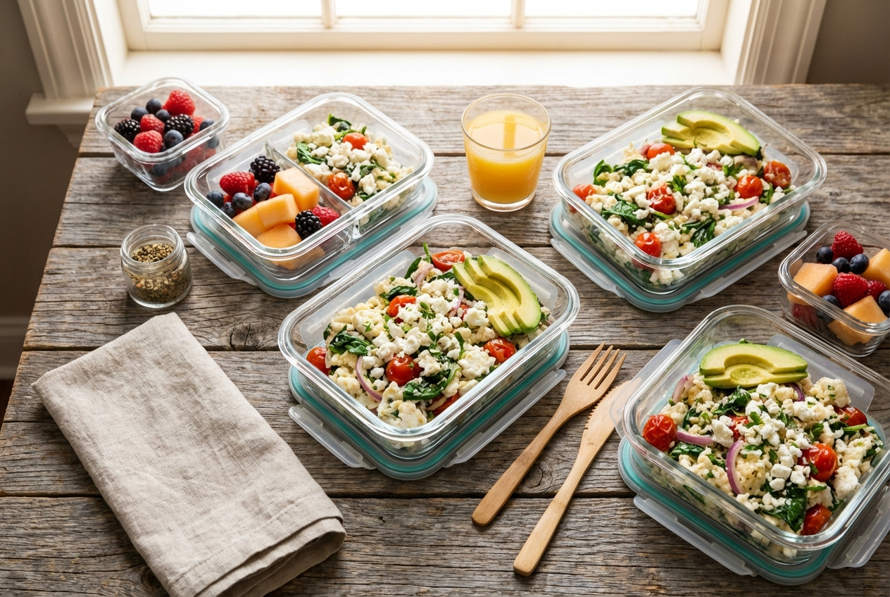 Fluffy white egg scramble in a bowl topped with melted cheese and salsa