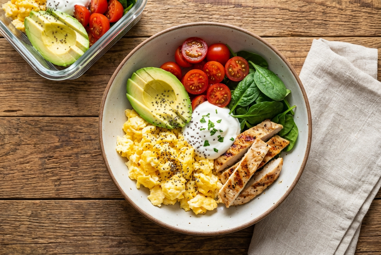 Protein-loaded breakfast bowl with scrambled eggs over oatmeal topped with ham and melted cheese