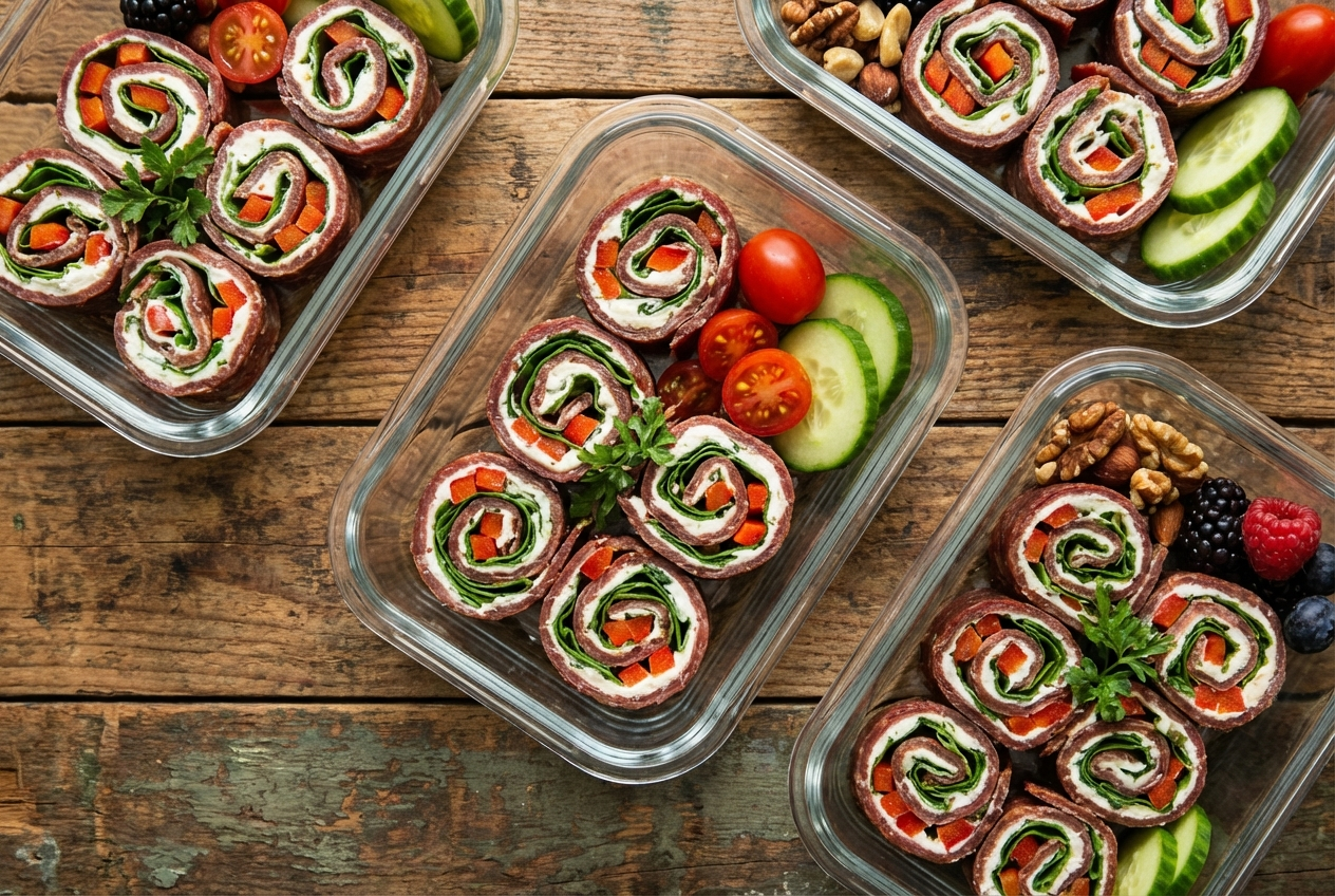 Beef jerky strips wrapped around white string cheese sticks secured with toothpicks