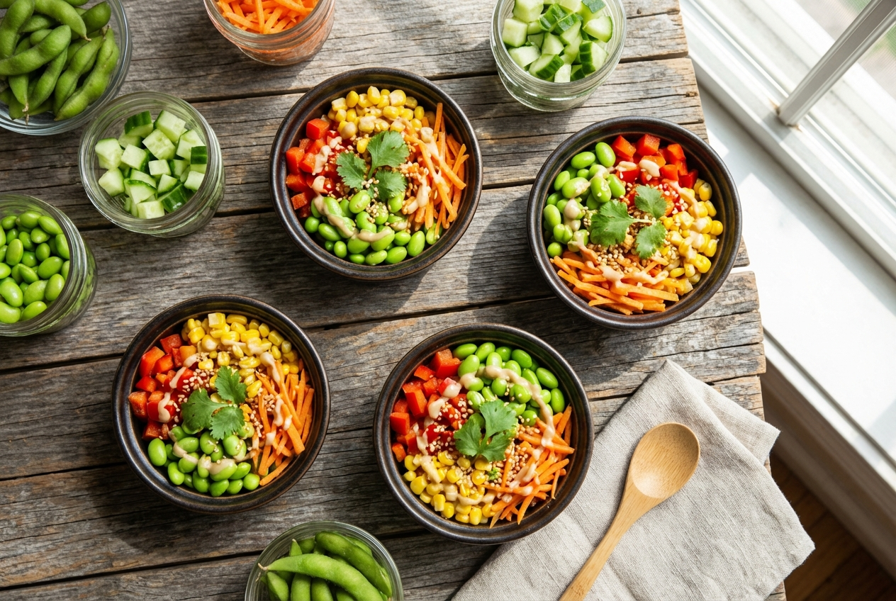 Small cups of bright green edamame beans sprinkled with sesame seeds and sea salt