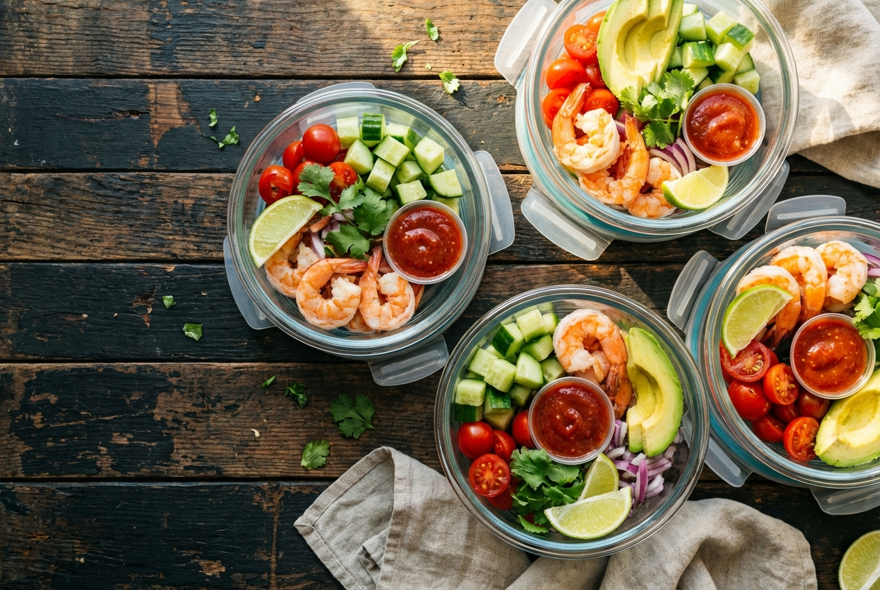 Chilled shrimp cocktail bowl with pink shrimp, avocado, cucumber, and cocktail sauce