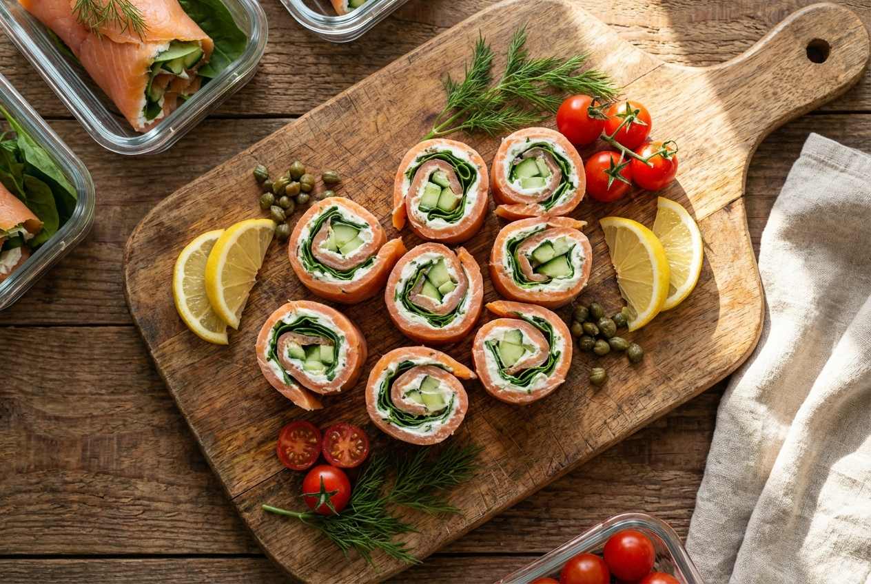 Elegant smoked salmon roll-ups with cream cheese, capers, and fresh dill on a plate