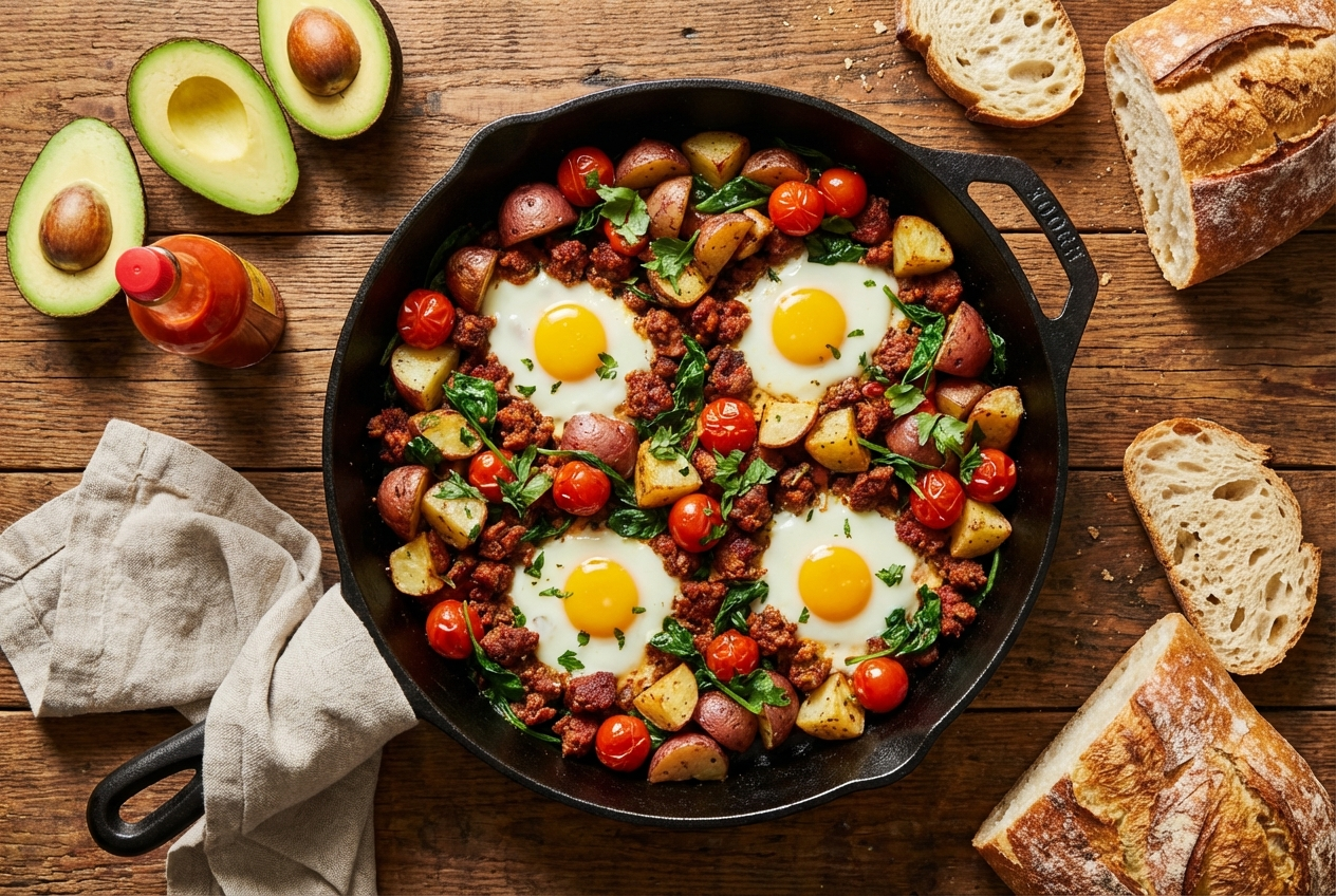 Skillet of scrambled eggs mixed with spicy red chorizo topped with cheese and cilantro