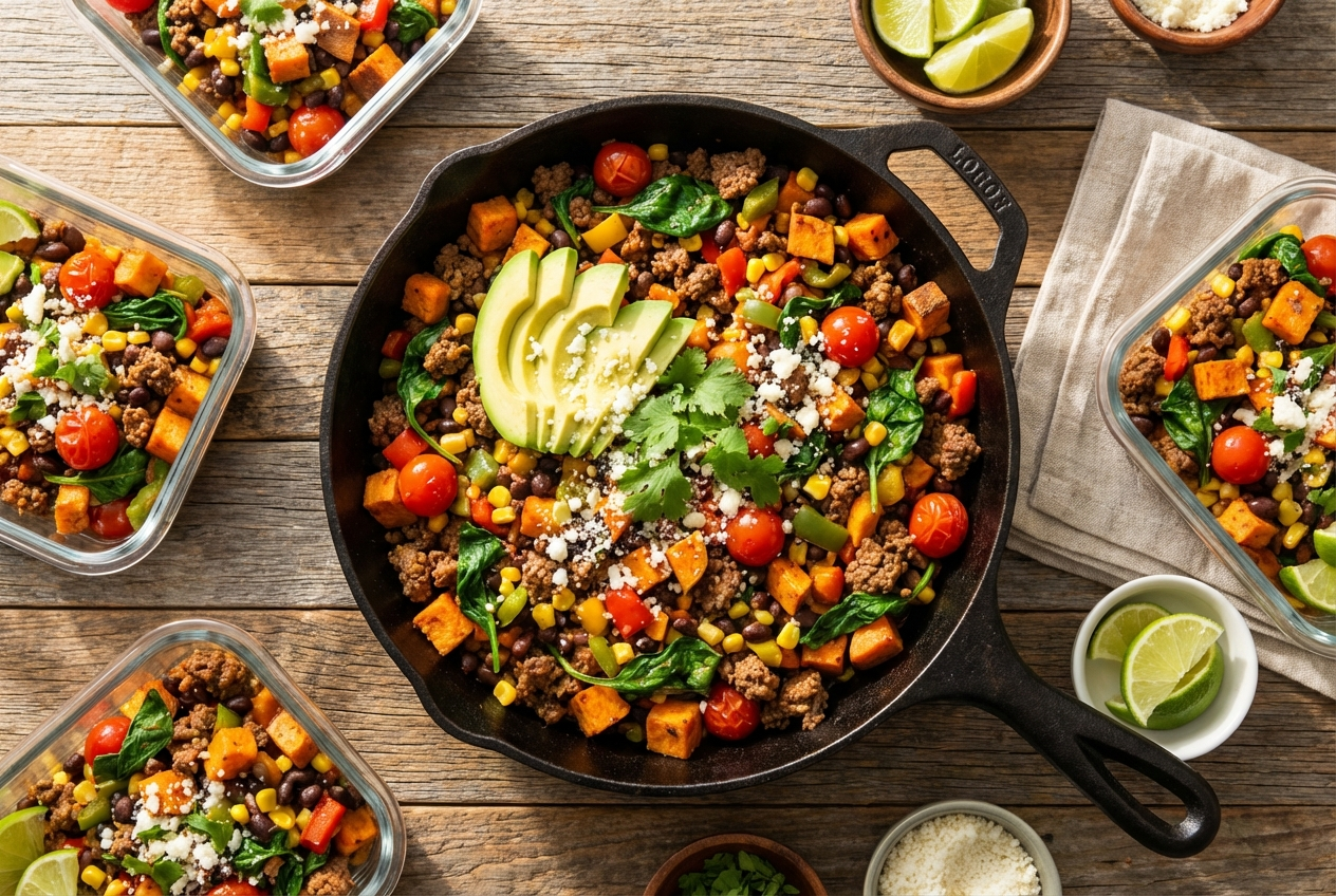 Cheesy ground beef and rice skillet with corn and tomatoes topped with melted cheddar