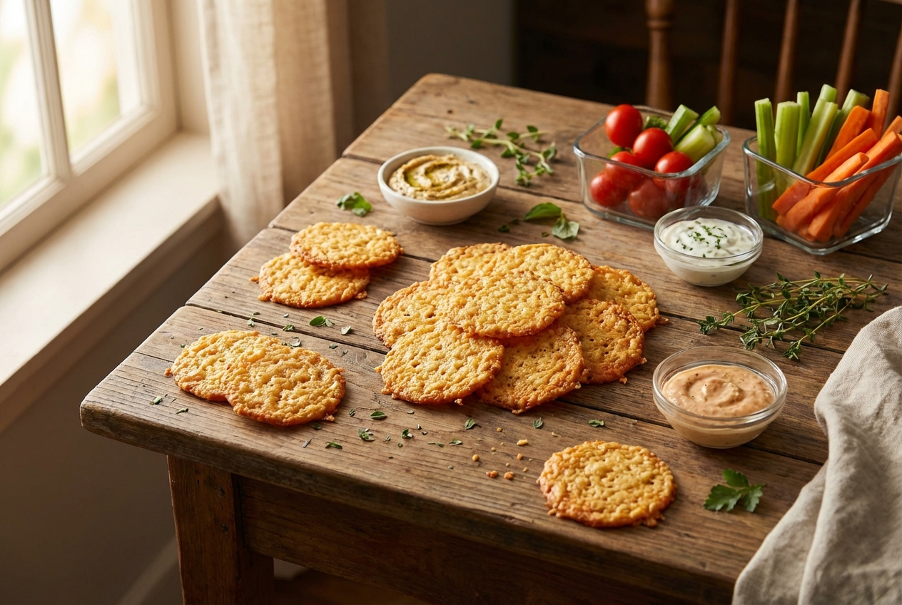 Thin golden Parmesan crisps with visible Italian seasoning arranged on parchment paper