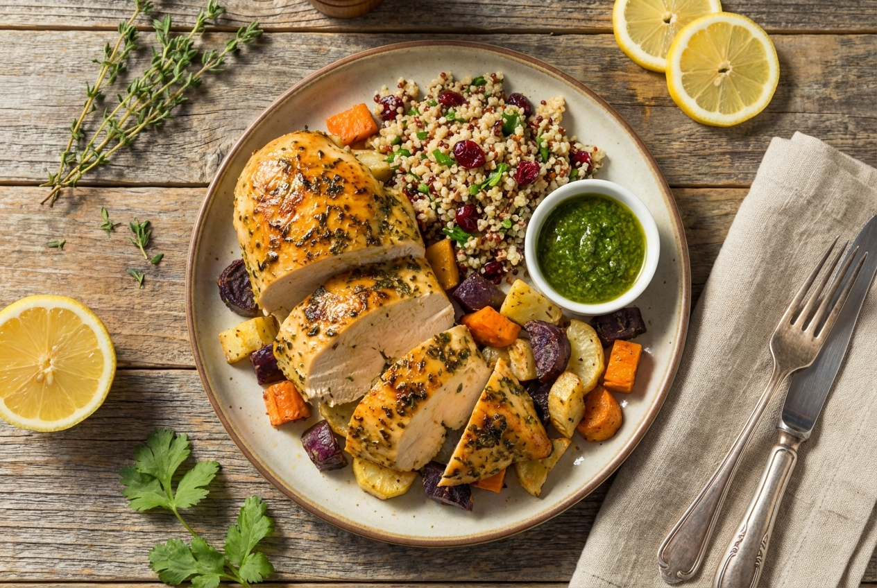 Sliced juicy chicken breast showing moist interior with golden seasoned exterior