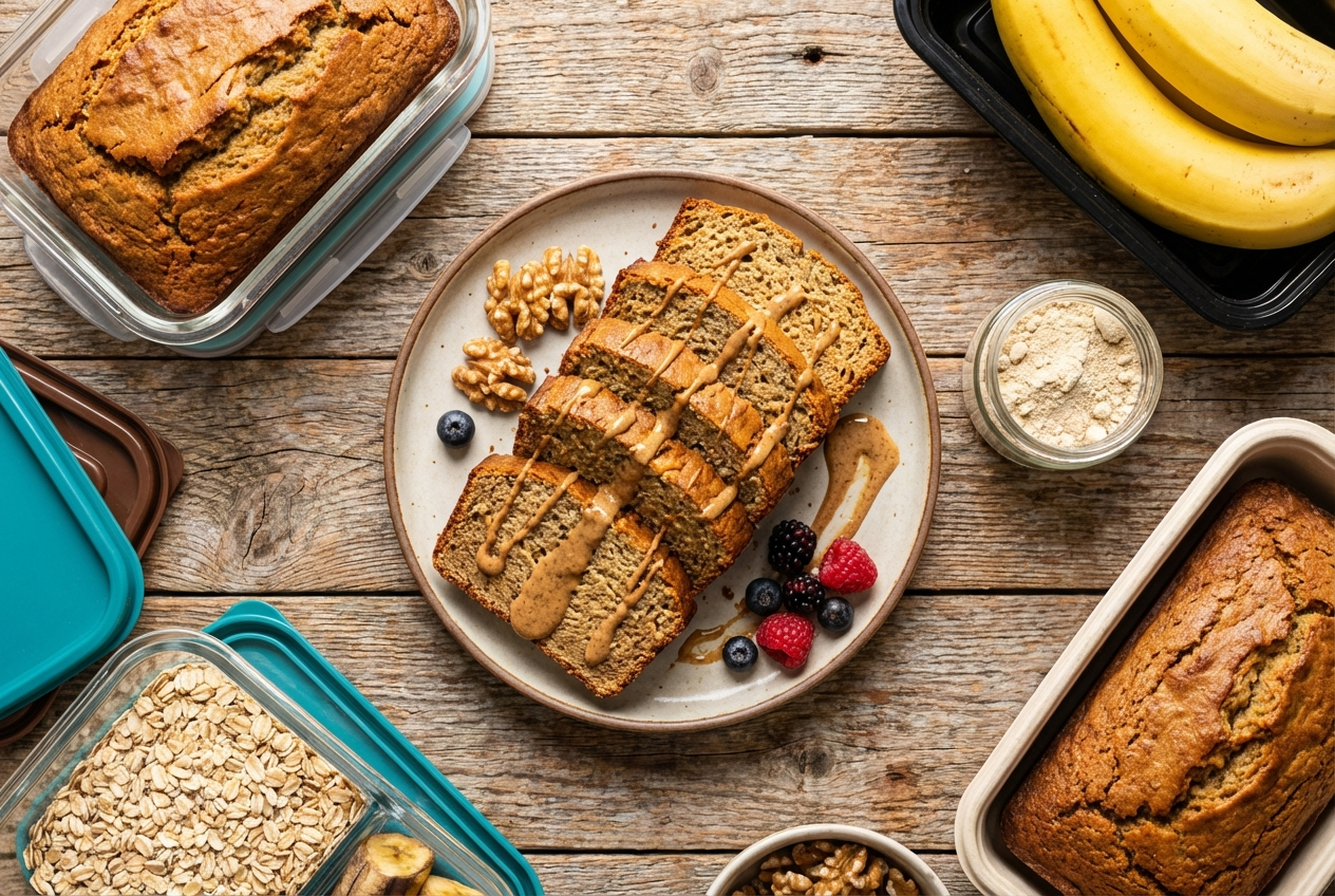Sliced protein banana bread on a cutting board showing moist interior with golden crust