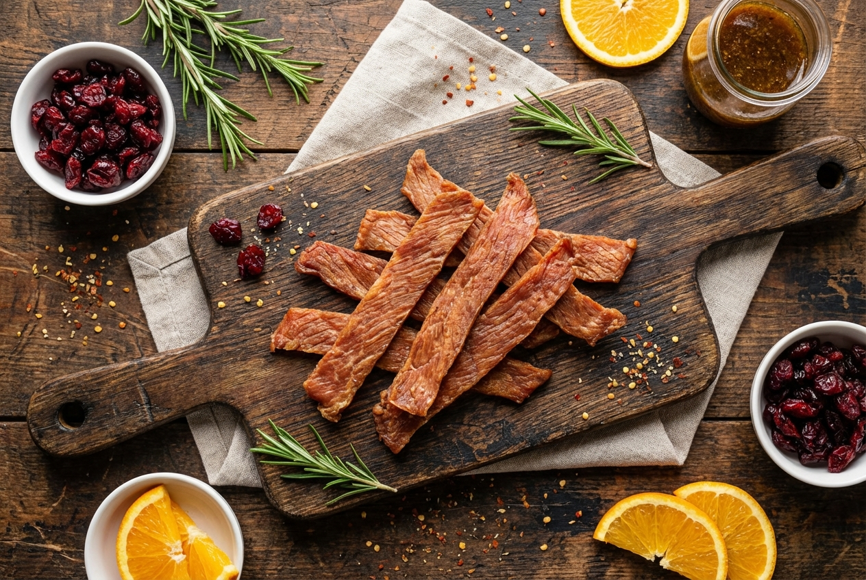 Strips of dark, dried turkey jerky fanned out showing chewy texture