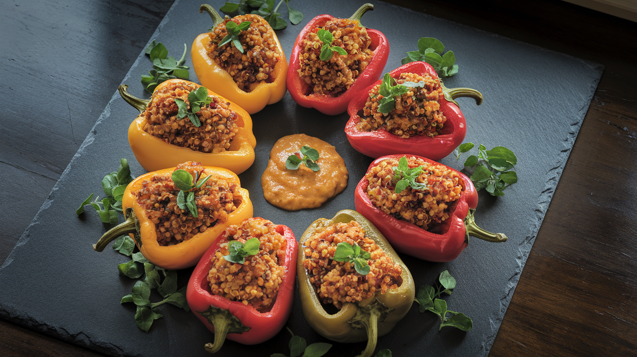 Four colorful stuffed bell peppers filled with ground turkey, quinoa, and black beans, topped with melted cheese and cilantro