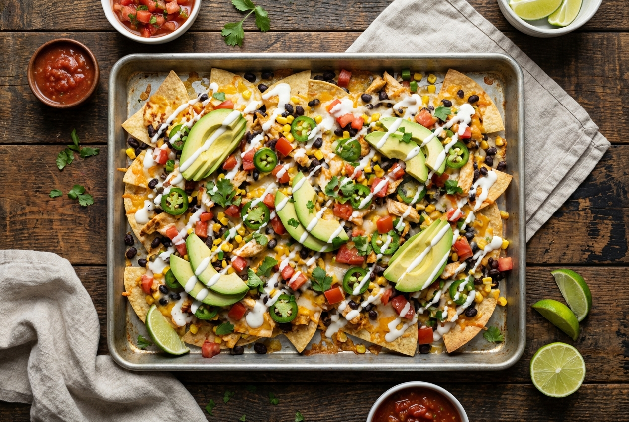 Sheet pan loaded nachos with melted cheese, shredded chicken, and colorful toppings