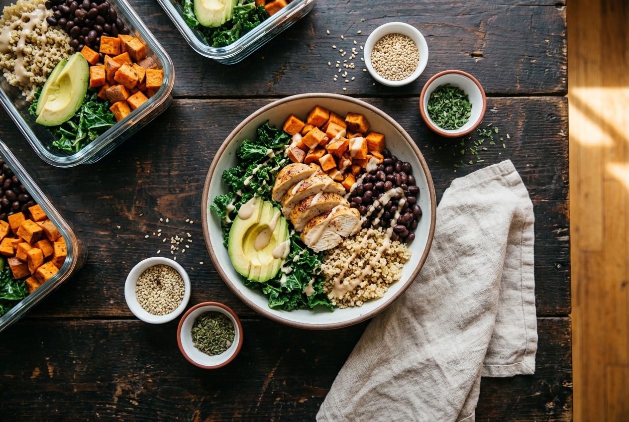 Sheet pan with sliced chicken breast, roasted sweet potato cubes, and broccoli florets